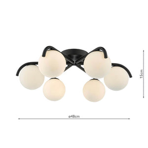 Dar Orlena 6 Light Flush Matt Black and Opal Glass ORL6422