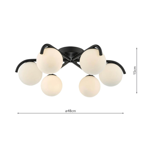 Dar Orlena 6 Light Flush Matt Black and Opal Glass ORL6422
