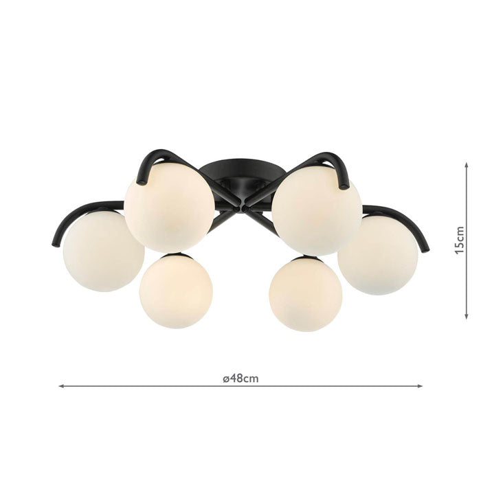 Dar Orlena 6 Light Flush Matt Black and Opal Glass ORL6422