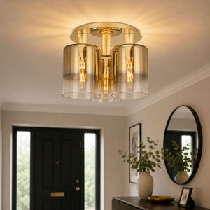 Dar Savannah 3 Light Semi Flush Satin Gold & Gold Ombre Glass SAV5335