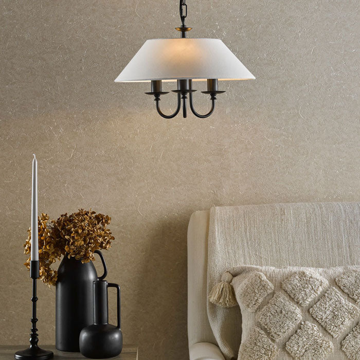 Dar Sivan 3 Light Pendant Matt Black with Linen Shade SIV0322