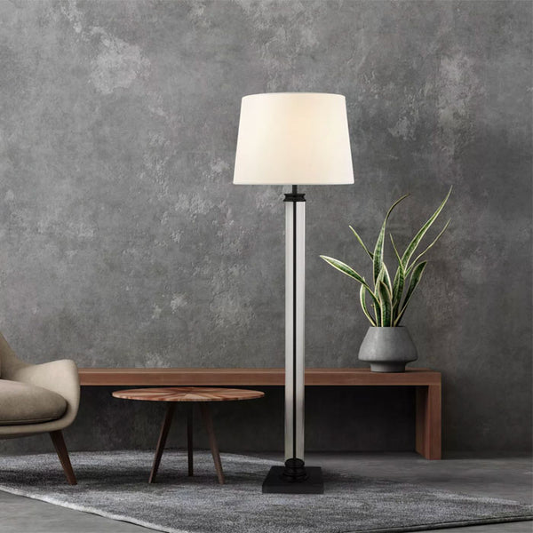 Searchlight Pedestal Floor Lamp Black Metal & Glass with White Fabric Shade – 5142BK