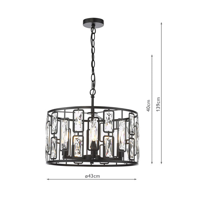 Dar Zoelle 5 Light Pendant Matt Black and Crystal ZOE0522