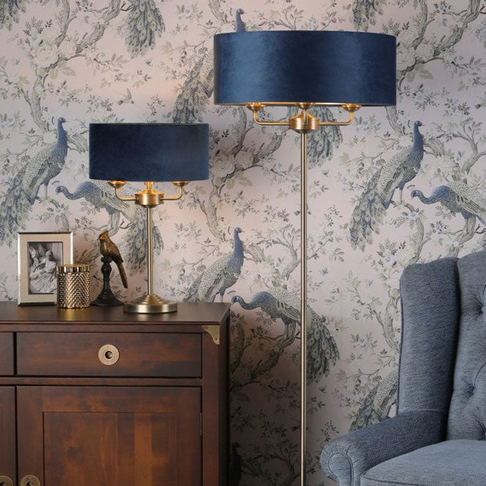 Laura Ashley Sorrento 3 Light Floor Lamp Matt Antique Brass & Blue Shade LA3756235-Q