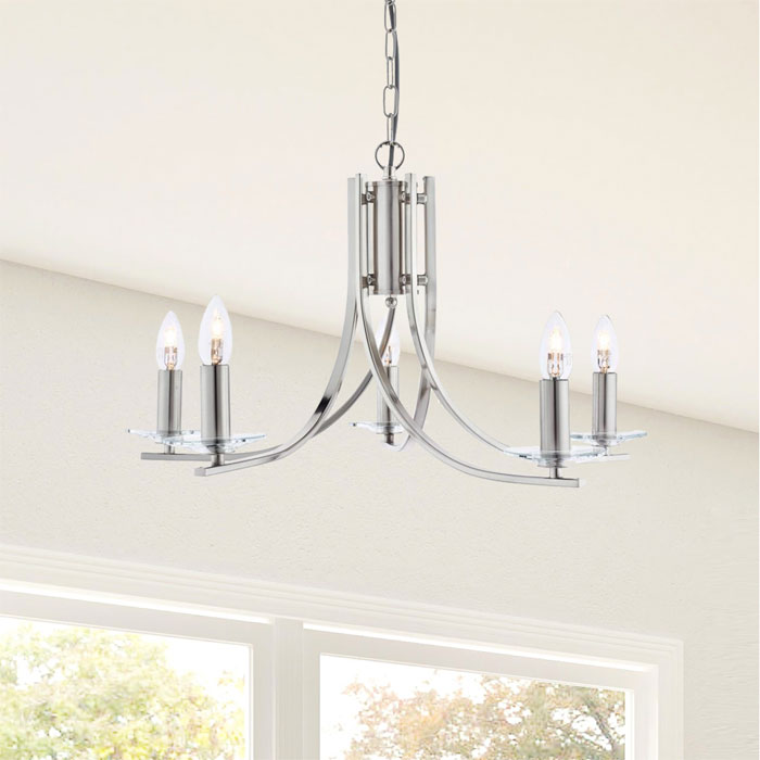 Searchlight 4165-5SS Ascona - 5 Light Ceiling Satin Silver Twist Frame With Clear Glass Sconces