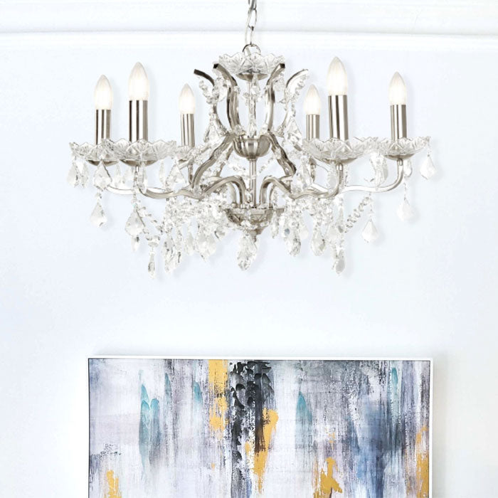 Paris 6 Light Chandelier Clear Crystal Drops & Trim Satin Silver 8736-6SS