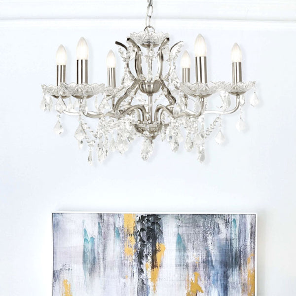 Paris 6 Light Chandelier Clear Crystal Drops & Trim Satin Silver 8736-6SS