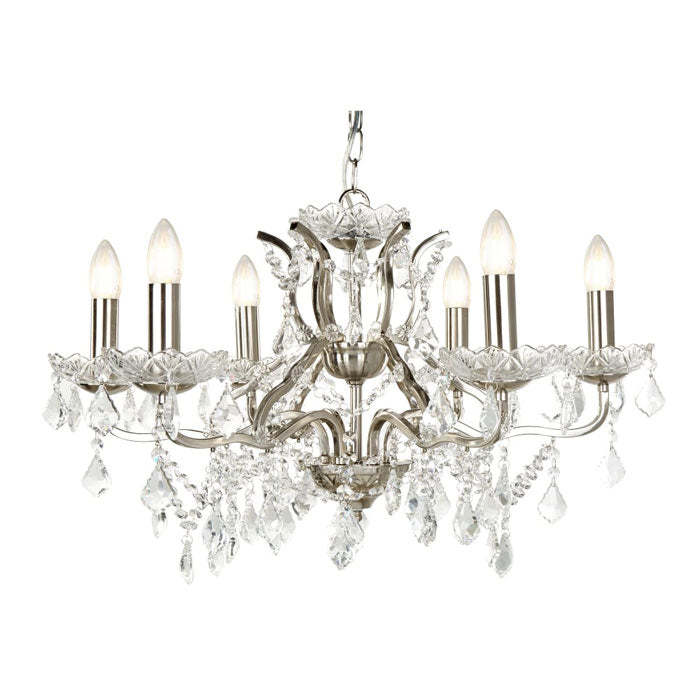 Paris 6 Light Chandelier Clear Crystal Drops & Trim Satin Silver 8736-6SS
