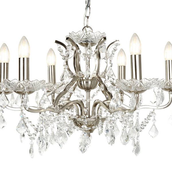 Paris 6 Light Chandelier Clear Crystal Drops & Trim Satin Silver 8736-6SS