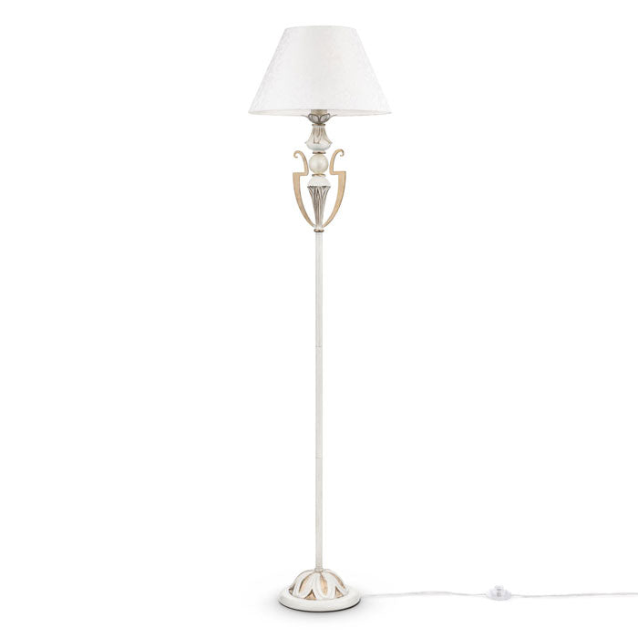 Greek Inspired Antique White and Gold Floor Lamp with Patterned Shade