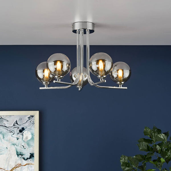 5-Light Polished Chrome Pendant with Smoked Glass