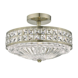3 Light Semi Flush Ceiling Fitting in Antique Brass Finish with Crystal Detailing