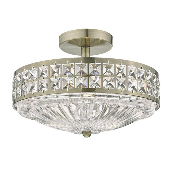 3 Light Semi Flush Ceiling Fitting in Antique Brass Finish with Crystal Detailing