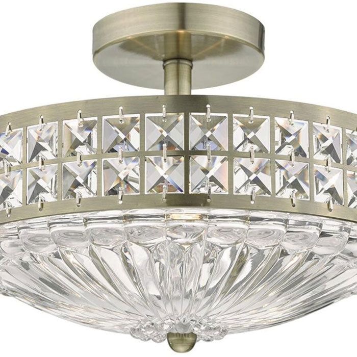 3 Light Semi Flush Ceiling Fitting in Antique Brass Finish with Crystal Detailing