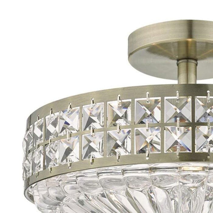 3 Light Semi Flush Ceiling Fitting in Antique Brass Finish with Crystal Detailing