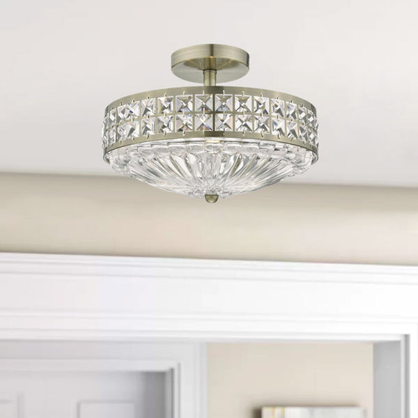 3 Light Semi Flush Ceiling Fitting in Antique Brass Finish with Crystal Detailing