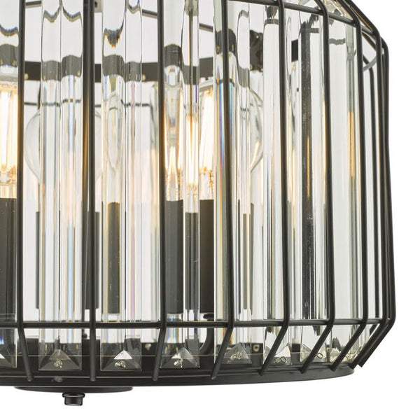 Satin Black Cage 3 Light Pendant with Crystal