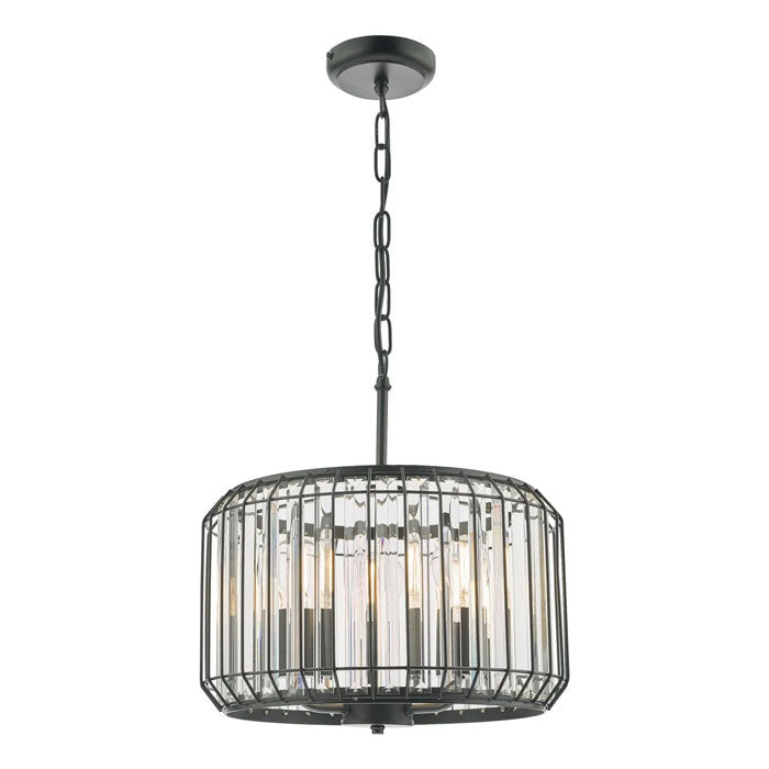 Satin Black Cage 3 Light Pendant with Crystal