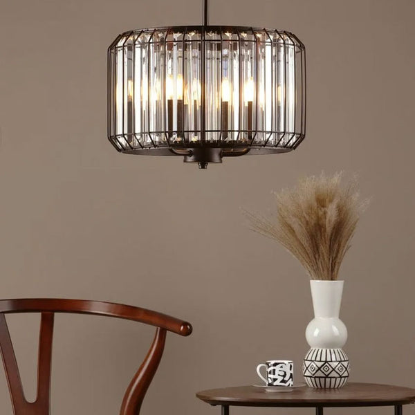 Satin Black Cage 3 Light Pendant with Crystal