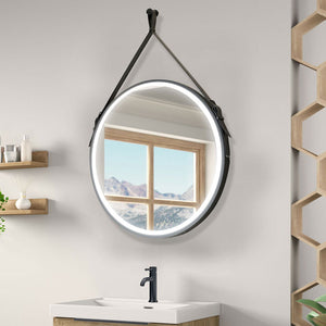 Black Leather Strap LED Bathroom Mirror 600mm