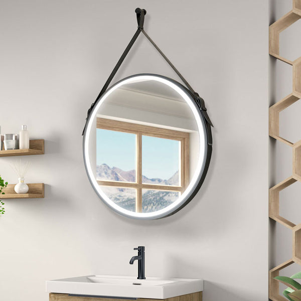 Black Leather Strap LED Bathroom Mirror 600mm
