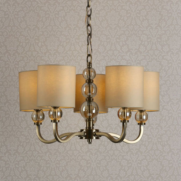 Laura Ashley Selby 5-Light Chandelier Antique Brass Amber Glass With Shades LA3730913-Q