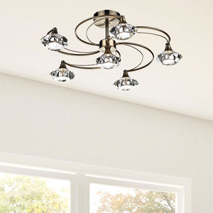 Luther 6 Light Semi Flush Antique Brass Crystal by Dar LUT0675