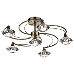 Luther 6 Light Semi Flush Antique Brass Crystal by Dar LUT0675