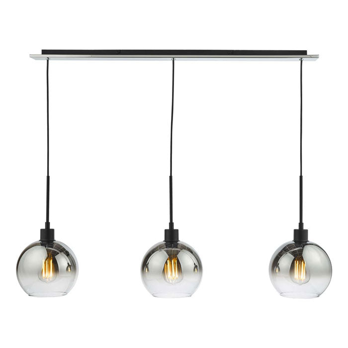 3 Light Bar Pendant in Matt Black with Ombre Smoked Glass Shades