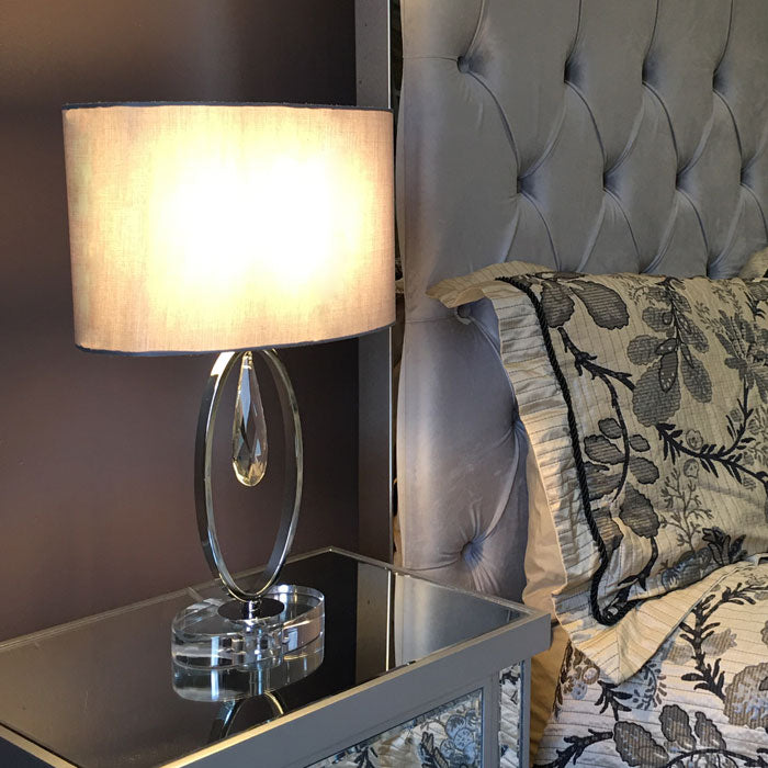 Polished Chrome Table Lamp with Crystal Droplet and Oval Shade