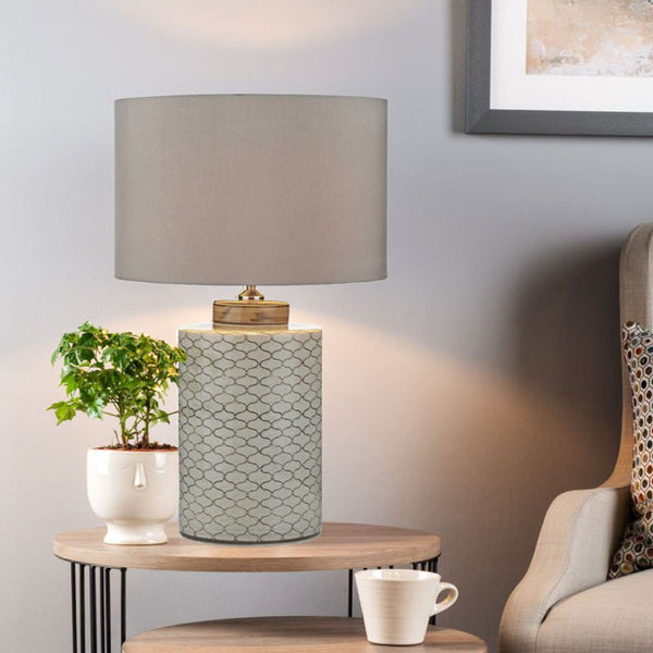 Net Design Chinese Barrel Table Lamp with Cream and Brown Base with Taupe  Silk Drum Shade