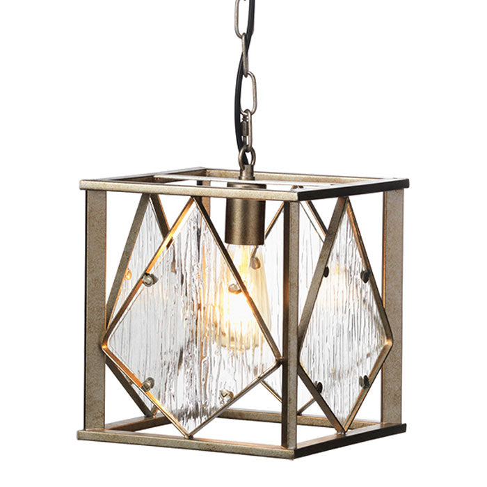 Single Pendant Light in Antique Silver Finish with Rain Effect Mottled Glass