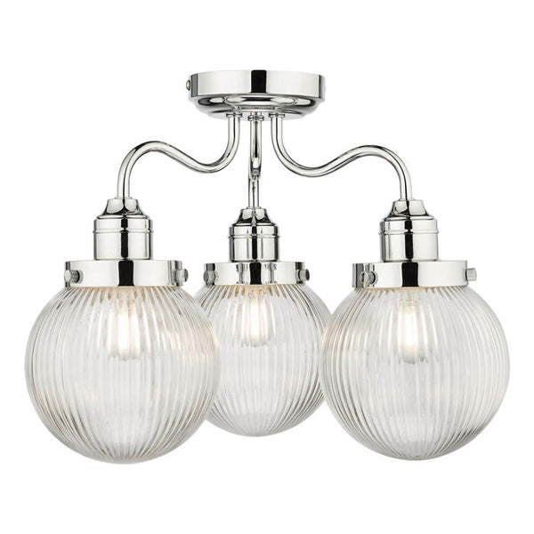 3 Light Bathroom Semi Flush Polished Chrome Ribbed Glass IP44
