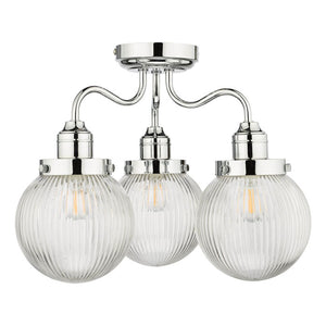 3 Light Bathroom Semi Flush Polished Chrome Ribbed Glass IP44