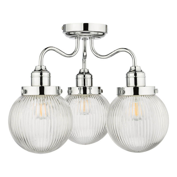 3 Light Bathroom Semi Flush Polished Chrome Ribbed Glass IP44