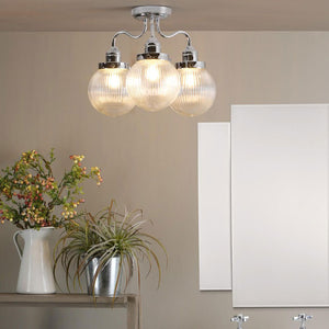 3 Light Bathroom Semi Flush Polished Chrome Ribbed Glass IP44