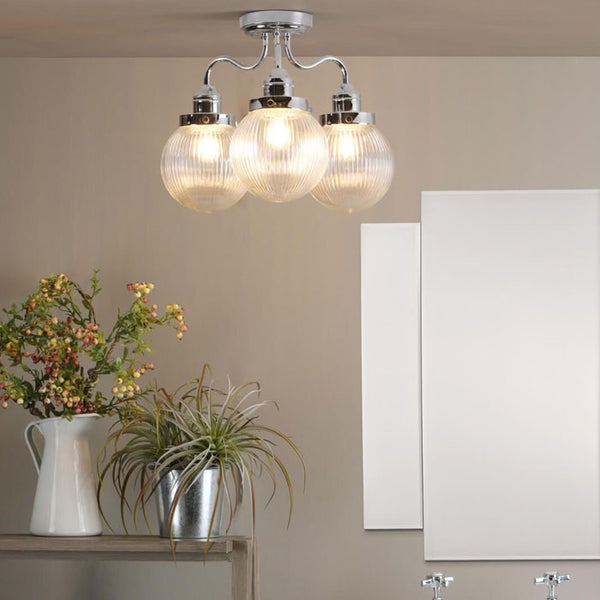 3 Light Bathroom Semi Flush Polished Chrome Ribbed Glass IP44