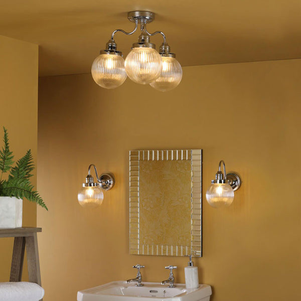 3 Light Bathroom Semi Flush Polished Chrome Ribbed Glass IP44