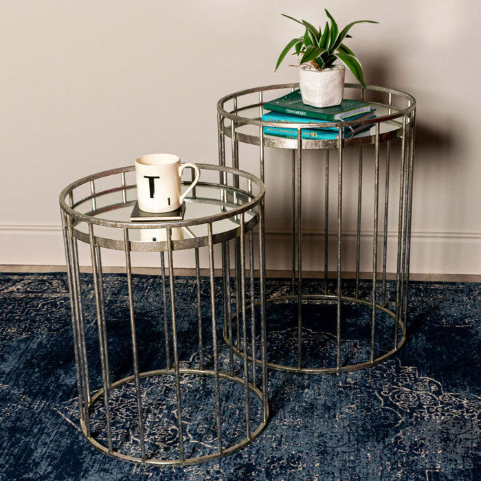 Set of Two Round Silver Cage Side Tables with Mirrored Top