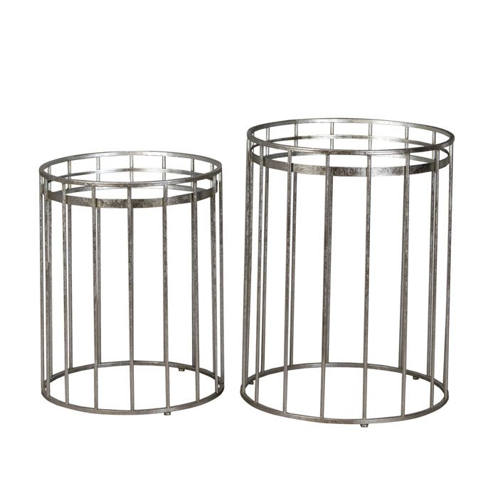 Set of Two Round Silver Cage Side Tables with Mirrored Top
