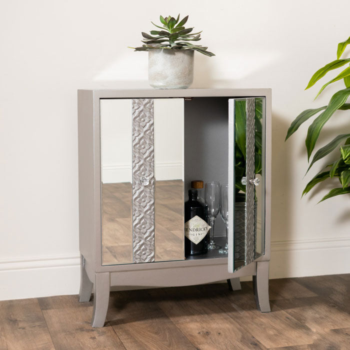 Grey Two Door Mirrored Cabinet with Orchid Pattern