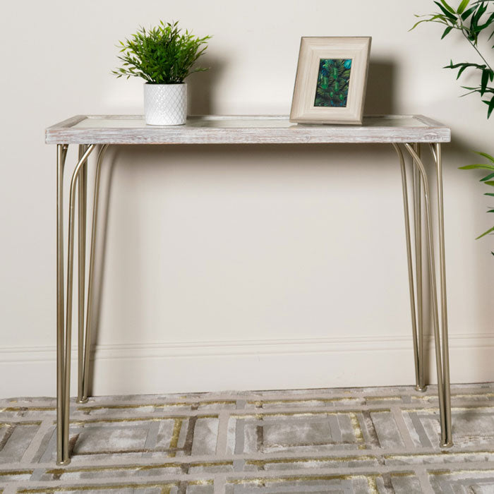 Patterned Tree Console Table in White Wood with Champagne Legs
