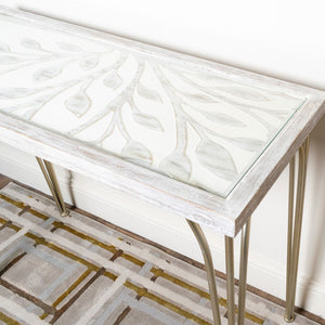 Patterned Tree Console Table in White Wood with Champagne Legs