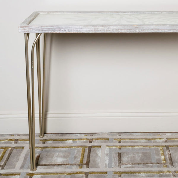 Patterned Tree Console Table in White Wood with Champagne Legs