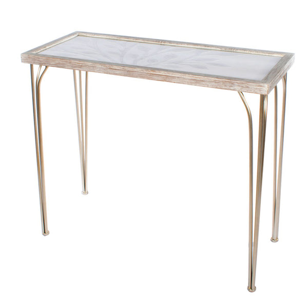 Patterned Tree Console Table in White Wood with Champagne Legs