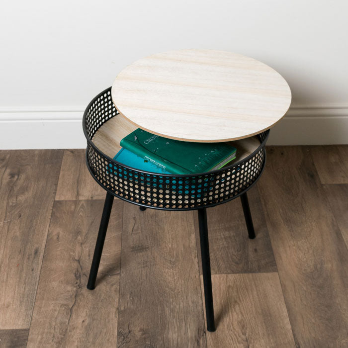 Black Side Table with Round Oak Storage Top