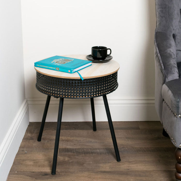Black Side Table with Round Oak Storage Top