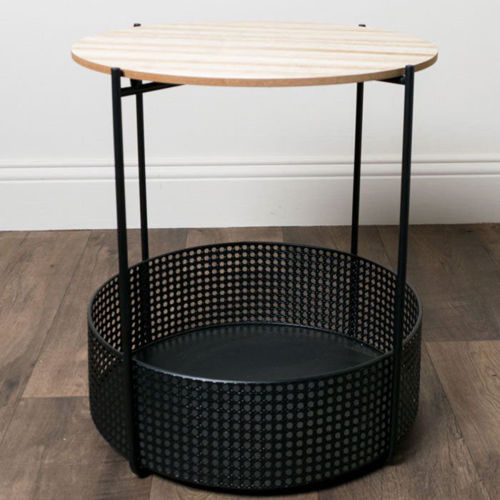Black Side Table with Storage and Oak Top