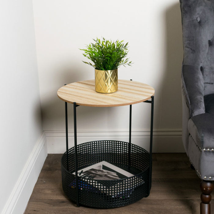 Black Side Table with Storage and Oak Top