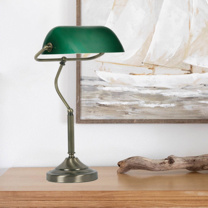 Bankers Table Lamp in Antique Brass with Green Glass Shade